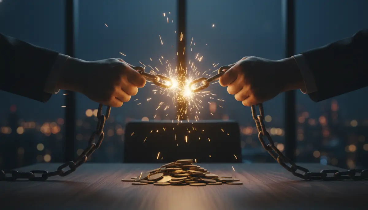Representación conceptual de la libertad financiera rompiendo cadenas de deuda sobre monedas de oro.