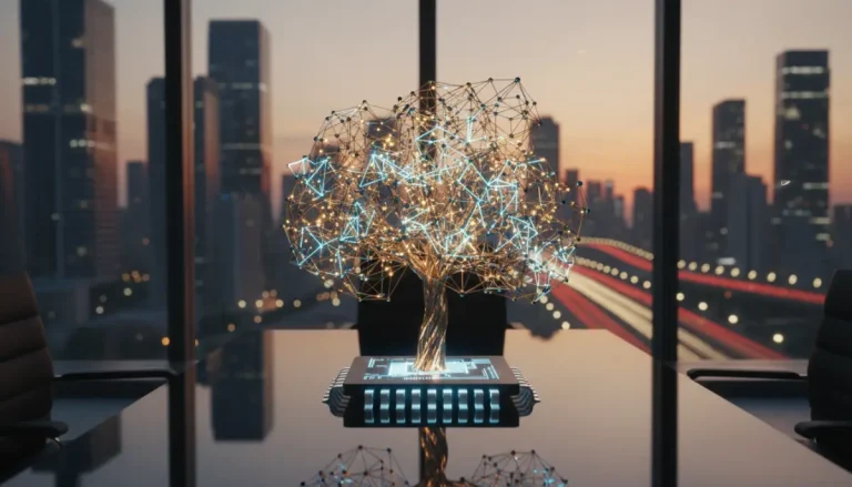 Representación conceptual del crecimiento del capital moderno impulsado por redes neuronales y circuitos de inteligencia artificial.