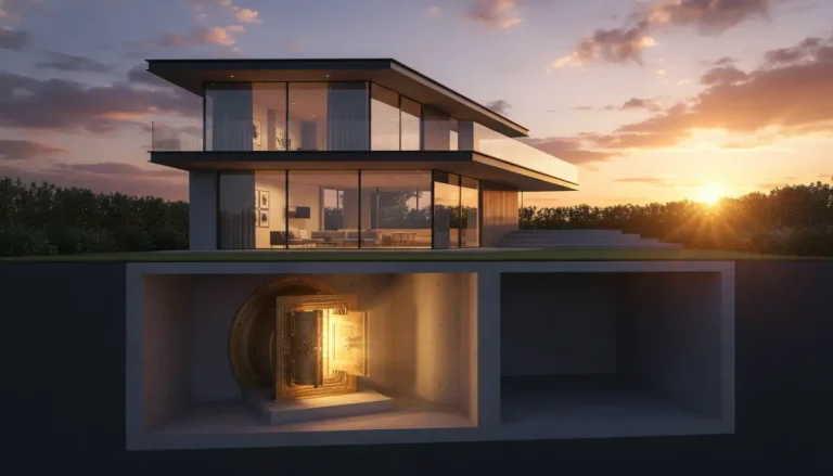 Casa moderna sobre cimientos que contienen una bóveda de oro representando el capital inmobiliario y el concepto de HELOC.