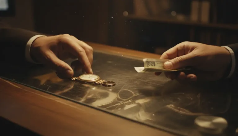Primer plano de manos intercambiando joyas de oro por dinero en efectivo sobre un mostrador de cristal en una casa de empeño.