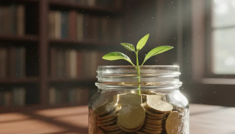 Brote verde creciendo sobre monedas de oro en un frasco de cristal, simbolizando el interés compuesto y la inversión temprana para el futuro de los hijos.