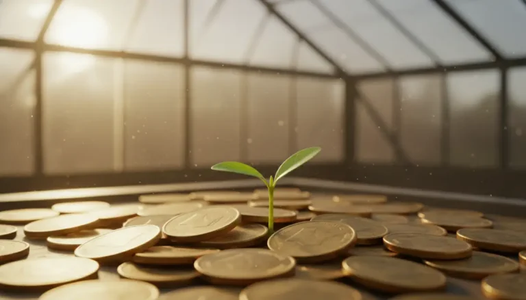 Brote verde creciendo sobre un montón de monedas de oro representando la estrategia de reinversión de dividendos DRIP.
