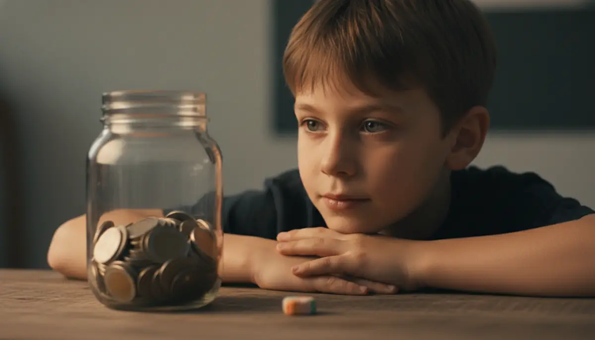 Niño sentado frente a un frasco de monedas aprendiendo sobre la postergación de la gratificación y el ahorro.