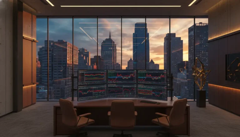 Interior de oficina de lujo de un hedge fund con monitores de trading y vistas urbanas al atardecer.