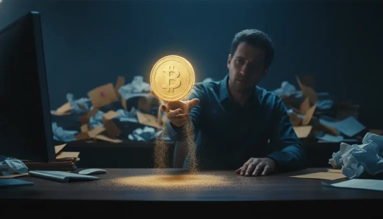 Hombre preocupado frente a un espejismo de moneda de oro que se deshace, representando el peligro de las promesas de liquidación de deuda.