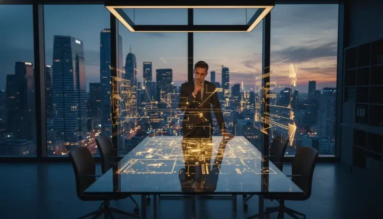 Representación visual del capital de riesgo como un motor tecnológico con una red de conexiones digitales en una oficina moderna.