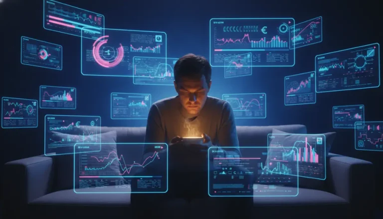 Persona abrumada por pantallas digitales y hologramas de entretenimiento buscando calma en una taza de cafe.