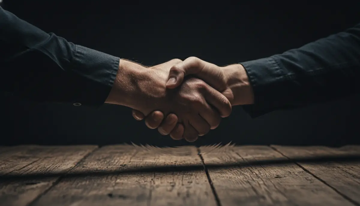 Primer plano de un apretón de manos sobre madera rústica simbolizando un pacto financiero personal.