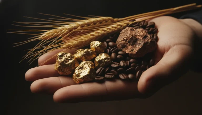 Representación visual de materias primas como oro, trigo y café simbolizando la inversión en activos tangibles y commodities.