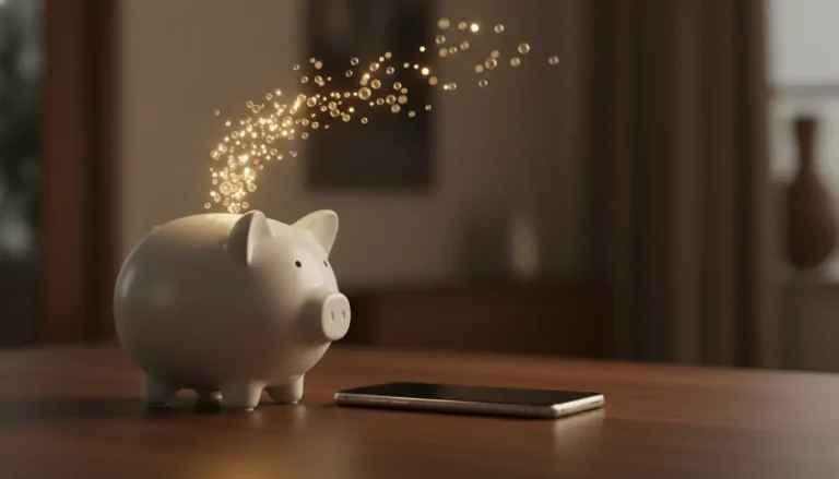Hucha de cerámica minimalista junto a un smartphone con efectos de luces doradas que representan el ahorro digital por redondeo.
