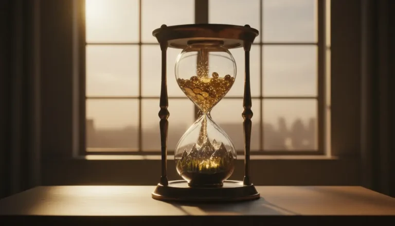 Reloj de arena con monedas de oro transformándose en un paisaje natural, representando la libertad financiera y el movimiento FIRE.
