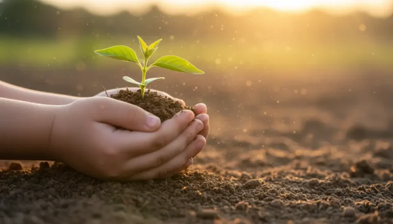 Manos de niño sosteniendo una planta joven bajo luz dorada simbolizando el crecimiento financiero y el valor del tiempo.