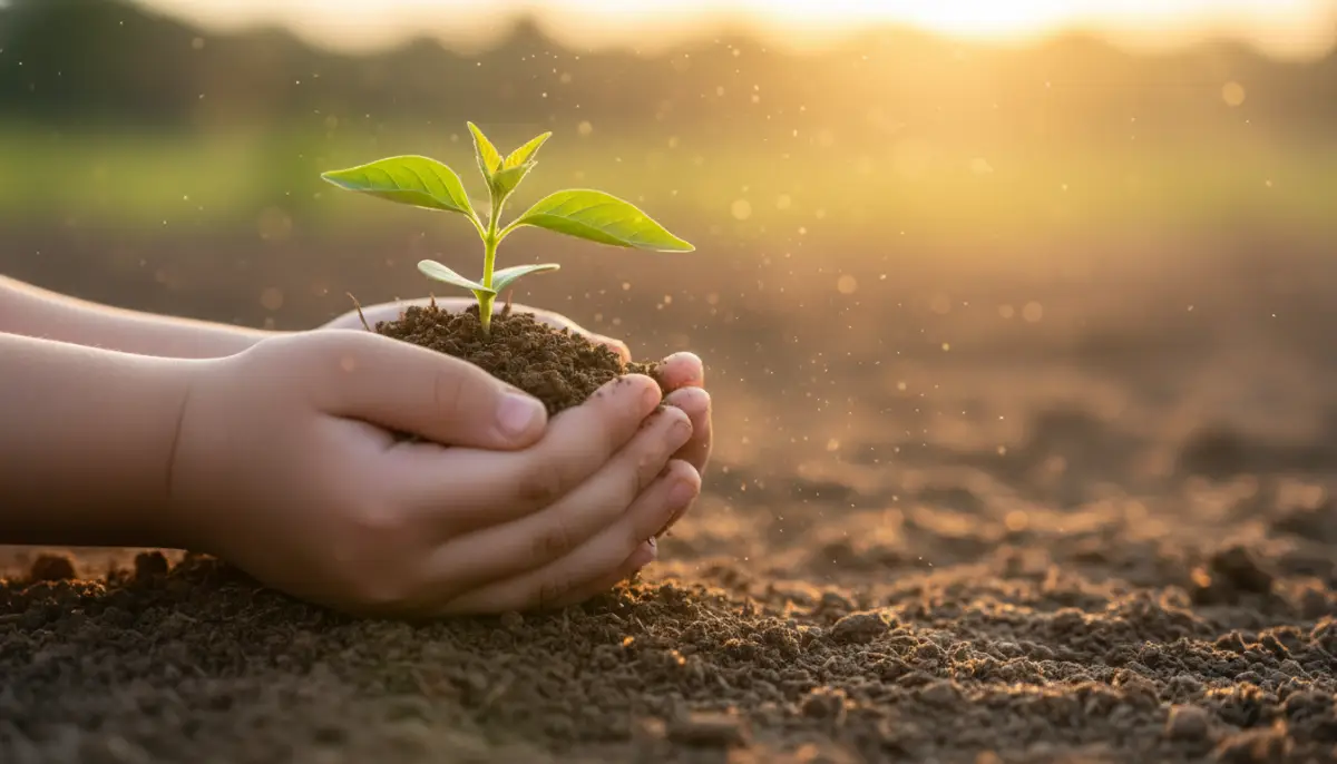 Manos de niño sosteniendo una planta joven bajo luz dorada simbolizando el crecimiento financiero y el valor del tiempo.
