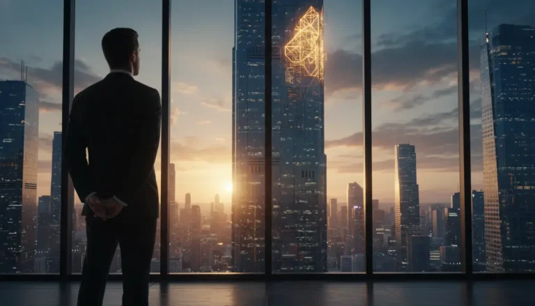 Inversionista contemplando el mercado financiero simbolizado por un rascacielos moderno durante el atardecer.