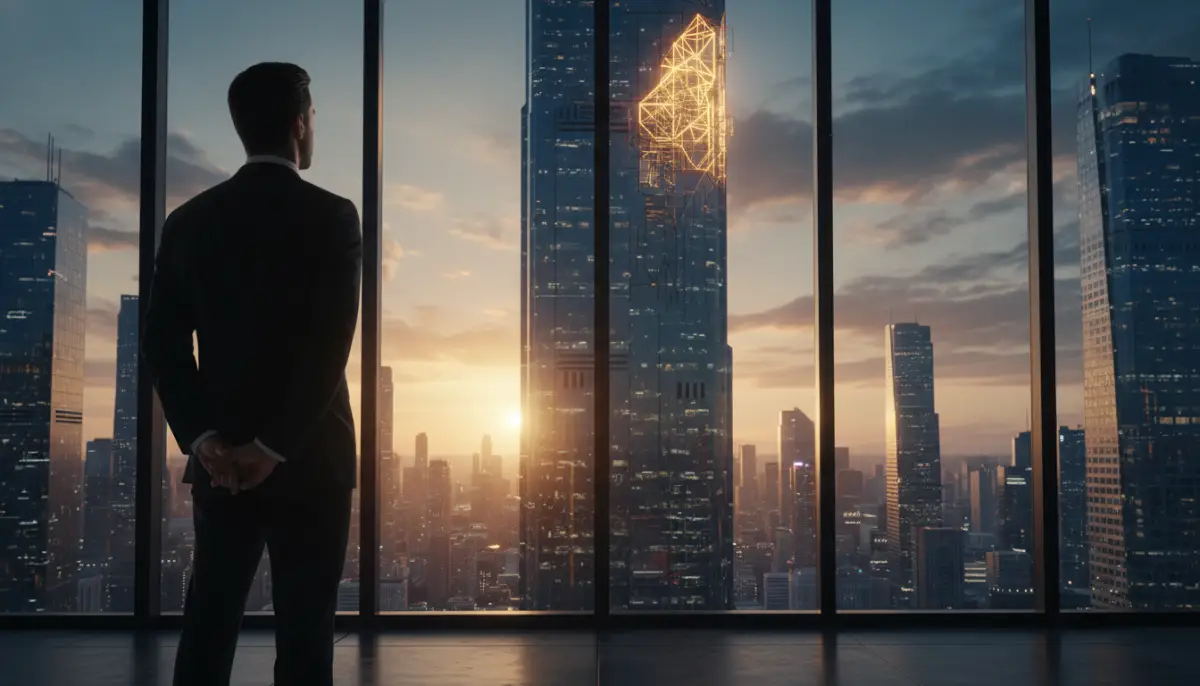 Inversionista contemplando el mercado financiero simbolizado por un rascacielos moderno durante el atardecer.