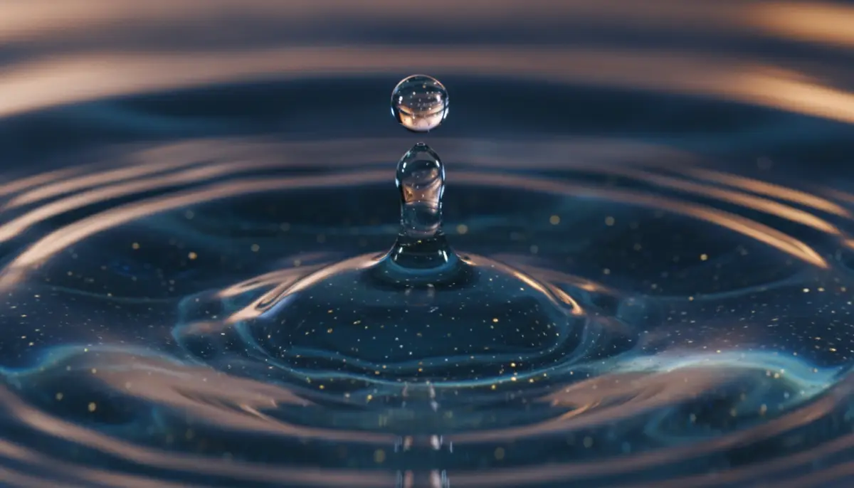 Gota de agua pura con reflejos dorados sobre una superficie líquida, representando el concepto de oro azul y la inversión en recursos hídricos.