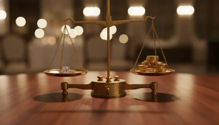 Balanza de precisión equilibrando un anillo de compromiso y monedas de oro para representar la realidad financiera de una boda.