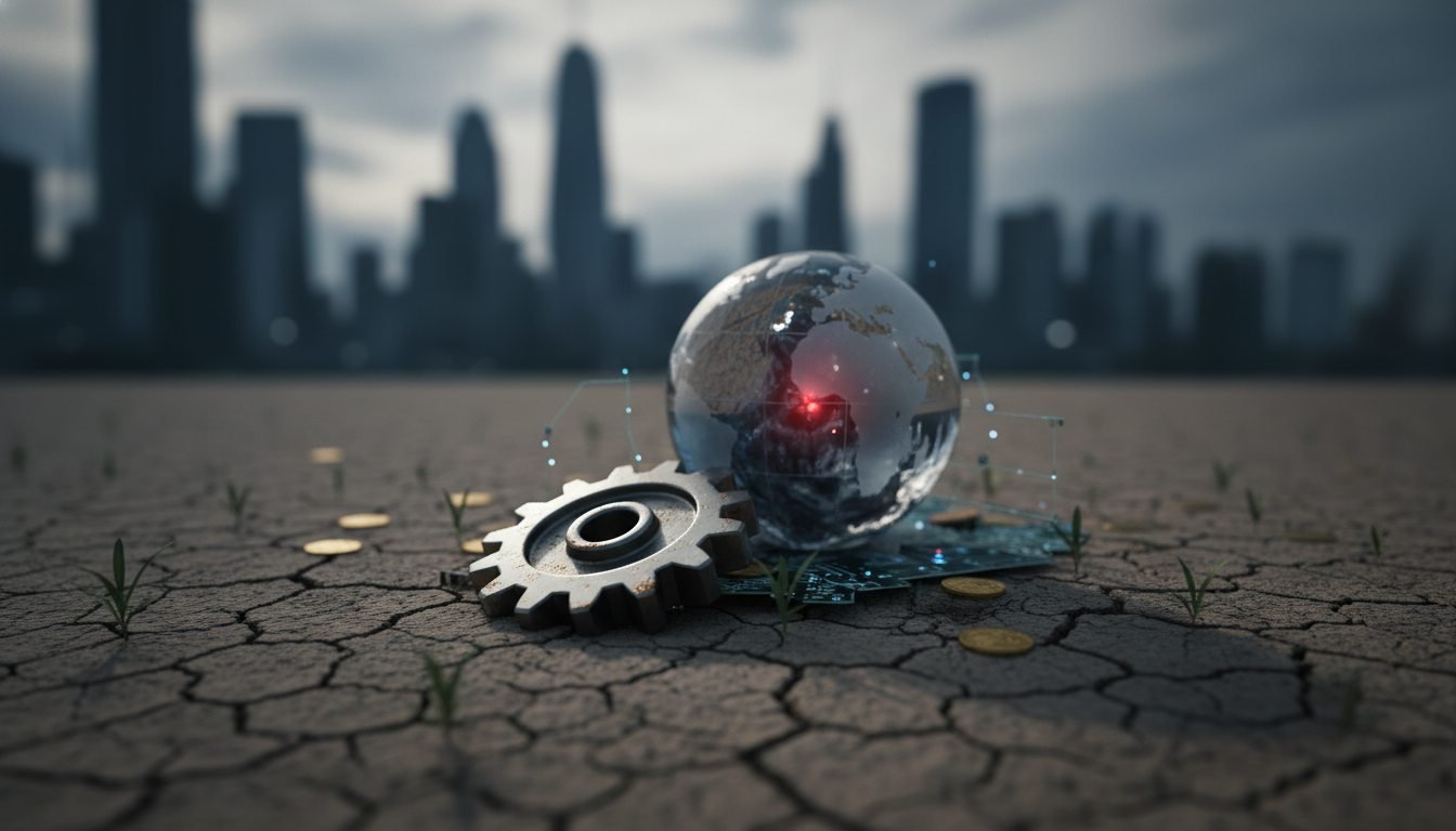 Globo terráqueo agrietado por sequía con una gota de agua limpia, simbolizando el riesgo económico mundial.