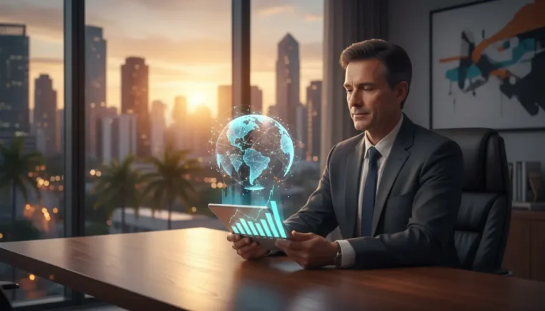 Inversionista profesional analizando mercados internacionales desde una oficina moderna con vista urbana al atardecer.