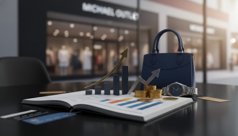 Grafico financiero de Michael Kors y un bolso de lujo accesible que ilustra su estrategia de mercado.