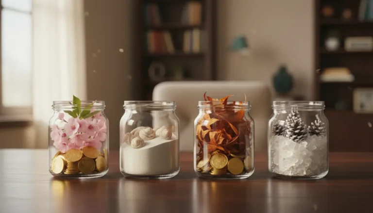 Cuatro frascos de cristal representando las estaciones del año llenos de monedas de oro sobre una mesa de madera.