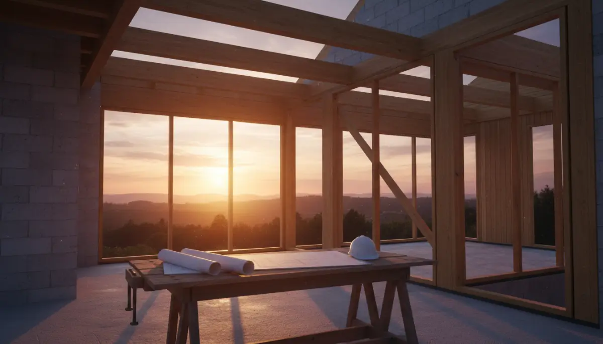 Casa moderna en construcción al atardecer ilustrando el funcionamiento de los préstamos para construir vivienda.