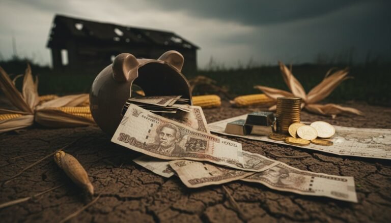 Gráfico de la devaluación del dólar de Zimbabue y billetes históricos de hiperinflación sobre fondo financiero.