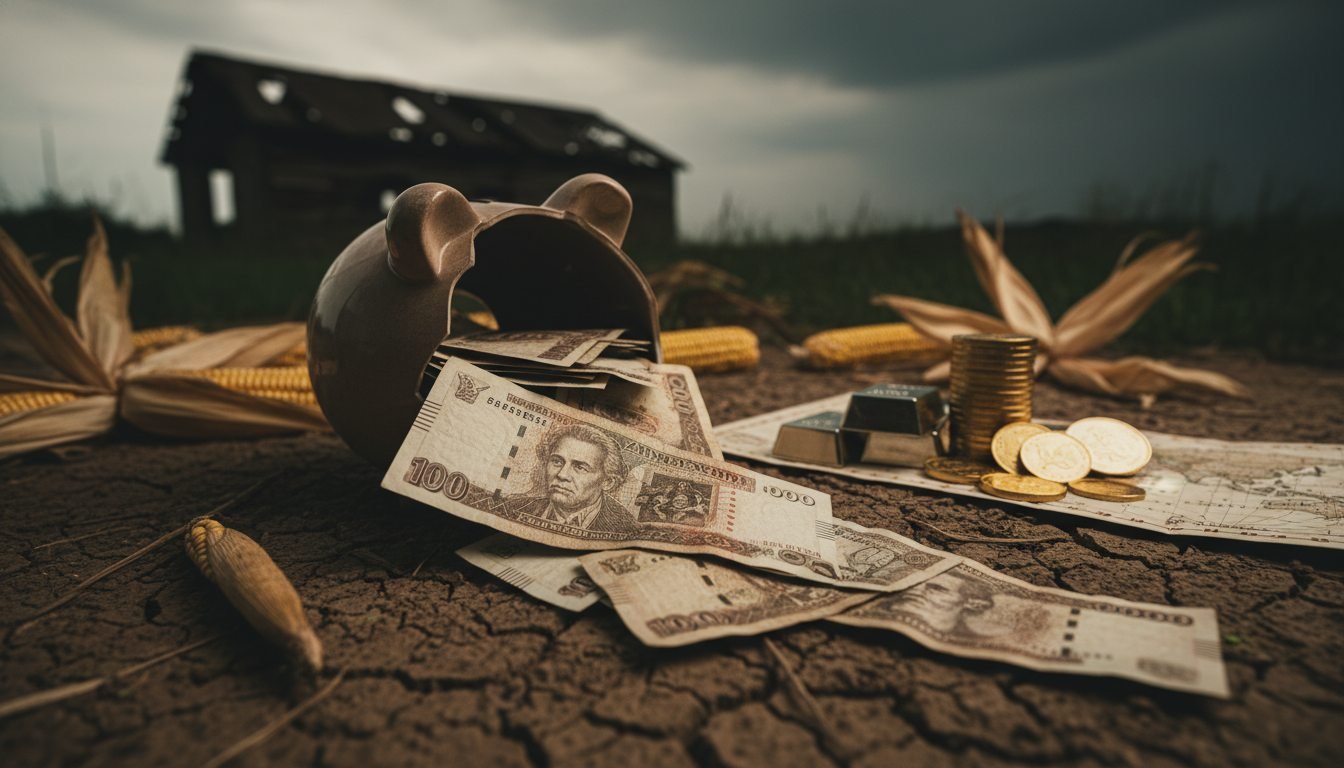 Gráfico de la devaluación del dólar de Zimbabue y billetes históricos de hiperinflación sobre fondo financiero.