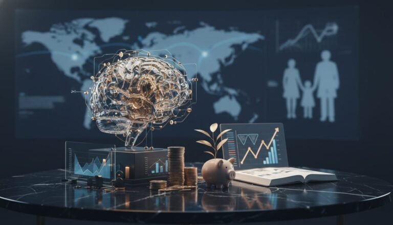 Infografía de balanza financiera con cerebro que muestra la relación entre salud mental y economía.