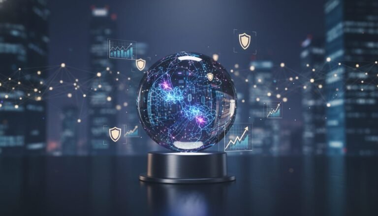 Grafico conceptual de computacion cuantica y analisis de mercados financieros globales con redes de datos abstractos.