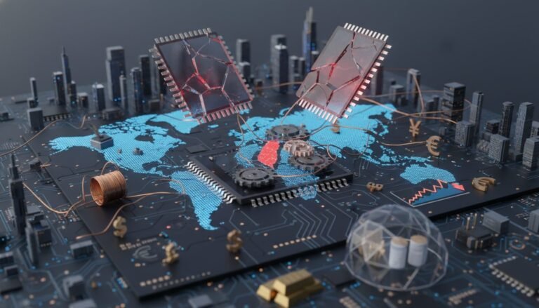 Placa de circuito con chip semiconductor brillante sobre un mapa mundial de cadenas de suministro global.