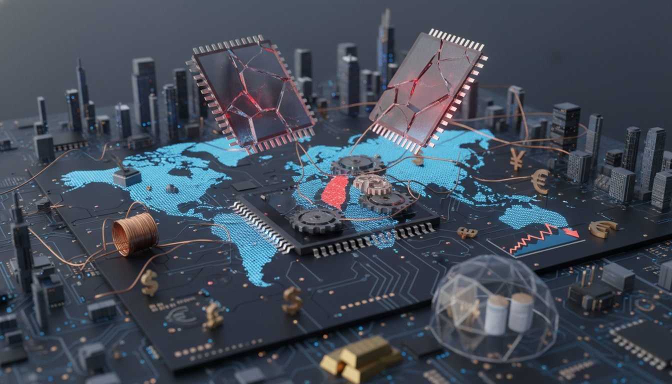 Placa de circuito con chip semiconductor brillante sobre un mapa mundial de cadenas de suministro global.