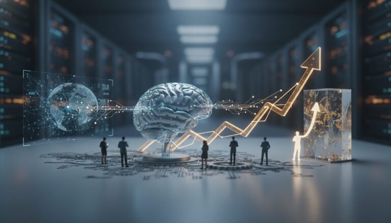Gráficos de productividad global y un cerebro digital que representa la inteligencia artificial generativa.