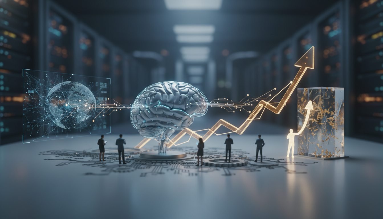 Gráficos de productividad global y un cerebro digital que representa la inteligencia artificial generativa.
