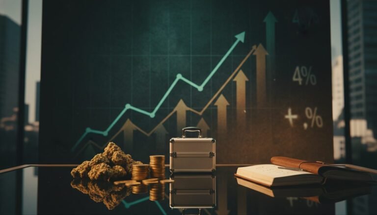 Gráfico financiero de crecimiento económico y hojas de cannabis que ilustran el impacto fiscal y de inversión.