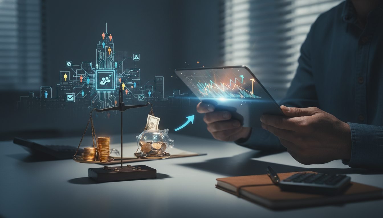 Smartphone con gráficos financieros y monedas, ilustrando el impacto de la uberización en el empleo gig.
