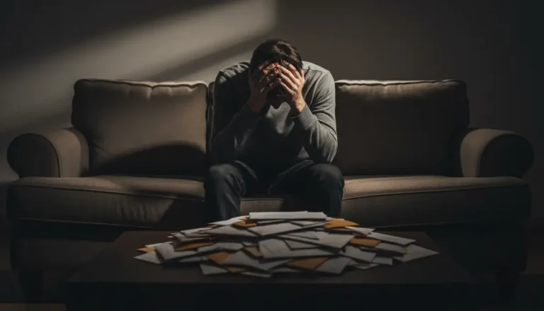 Persona estresada y agobiada sentada en la penumbra simbolizando el impacto emocional de las deudas en la salud mental.