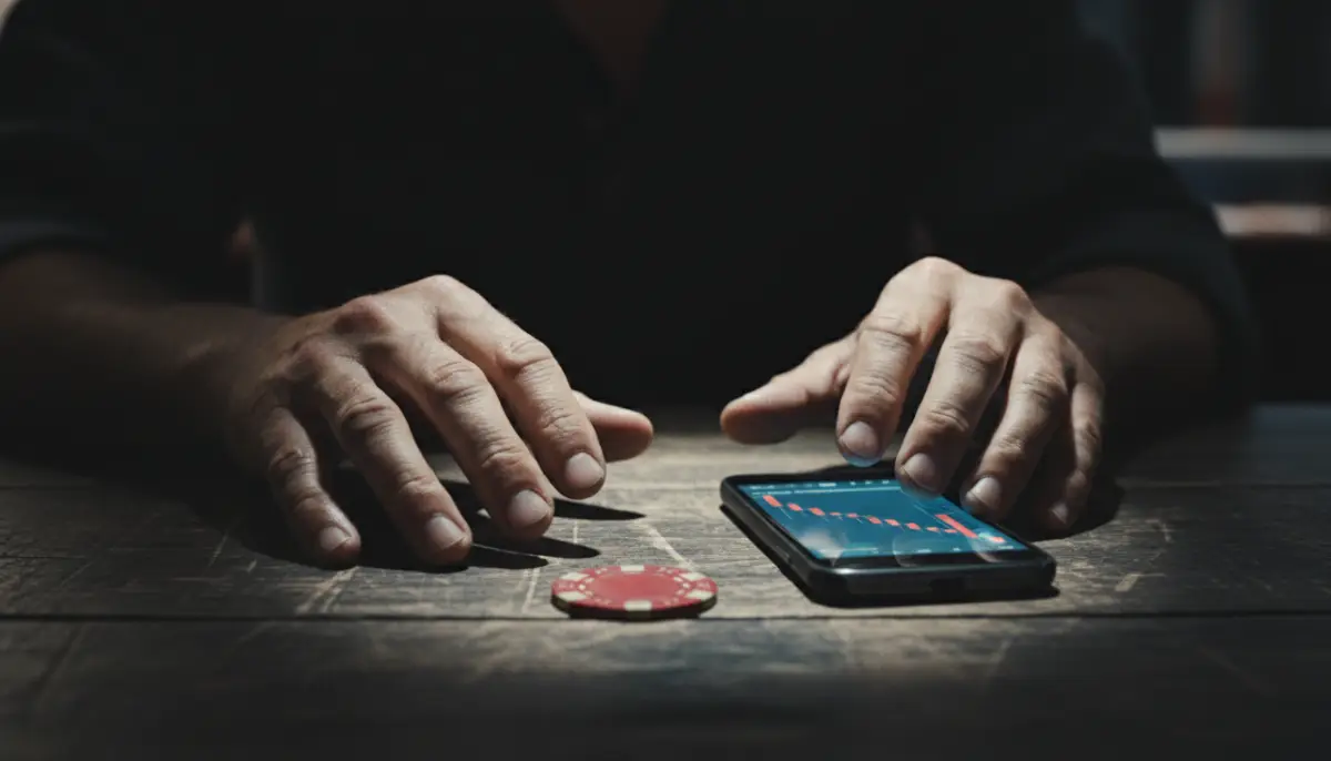Primer plano de manos tensas sobre una mesa de casino representando el estrés por deudas de juego y colapso financiero.