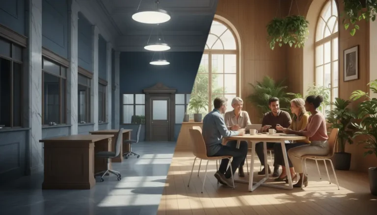 Contraste visual entre la arquitectura fría de la banca tradicional y la calidez humana de una cooperativa de crédito donde los socios colaboran.