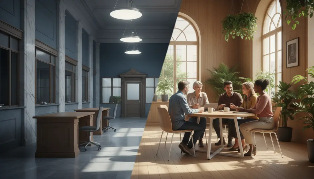 Contraste visual entre la arquitectura fría de la banca tradicional y la calidez humana de una cooperativa de crédito donde los socios colaboran.