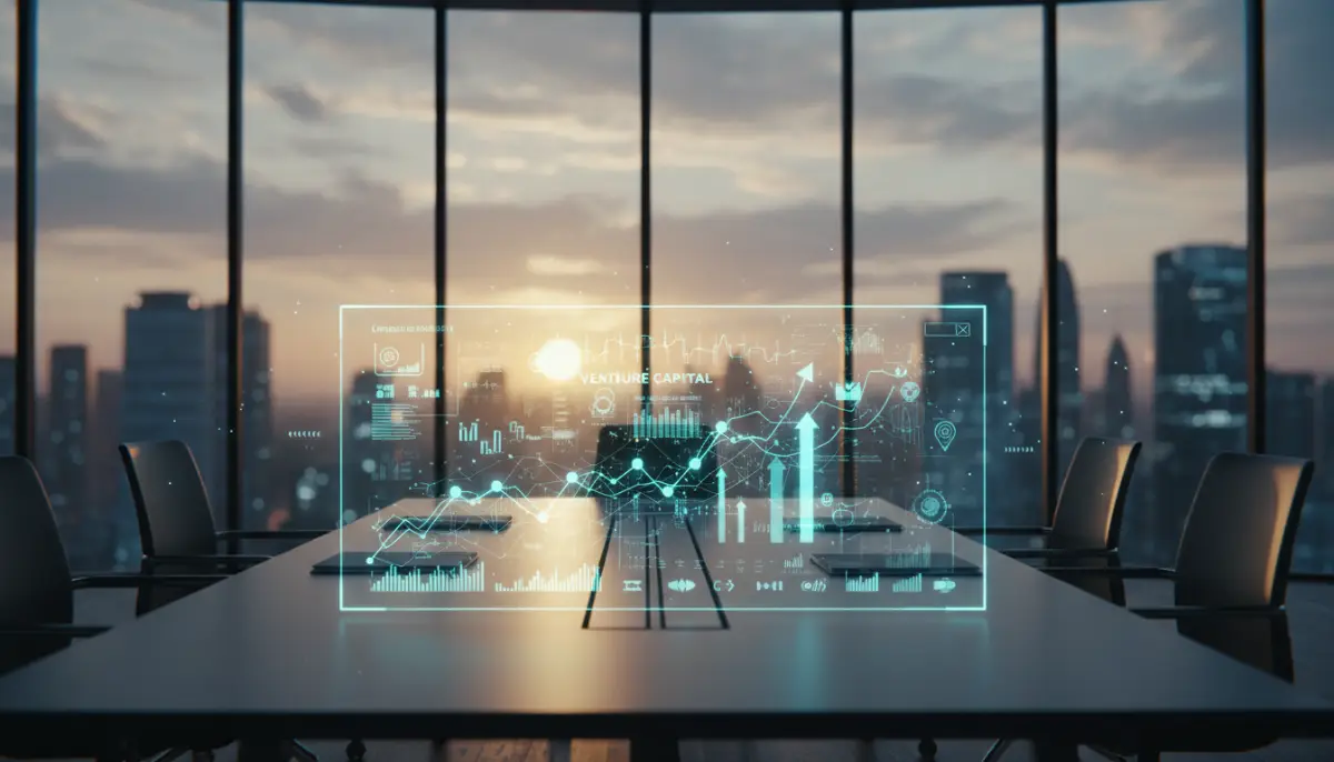 Holograma de red de conexiones financieras y crecimiento tecnológico sobre un escritorio moderno en una oficina de alta dirección.