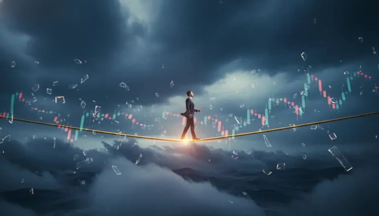 Metáfora visual de un inversor manteniendo el equilibrio sobre una cuerda floja en un mercado financiero volátil para representar la estrategia DCA.
