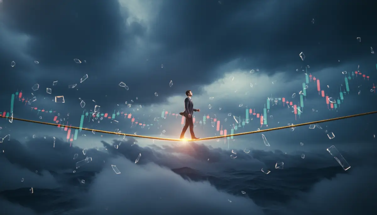 Metáfora visual de un inversor manteniendo el equilibrio sobre una cuerda floja en un mercado financiero volátil para representar la estrategia DCA.