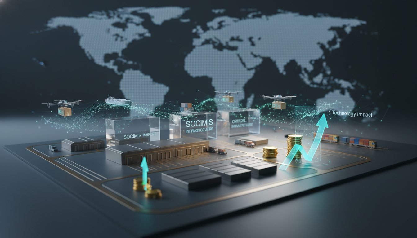 Gráfico de rendimiento financiero sobre una imagen de almacén logístico inteligente automatizado con camiones.