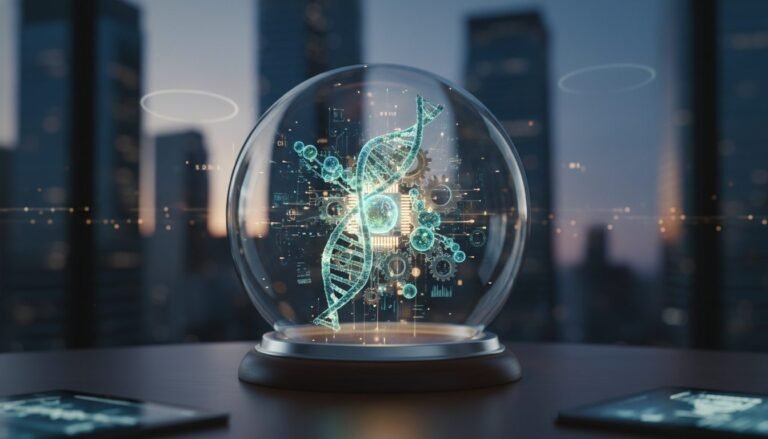 Gráfico financiero ascendente entrelazado con hélice de ADN y luces de biotecnología médica para inversión en longevidad.