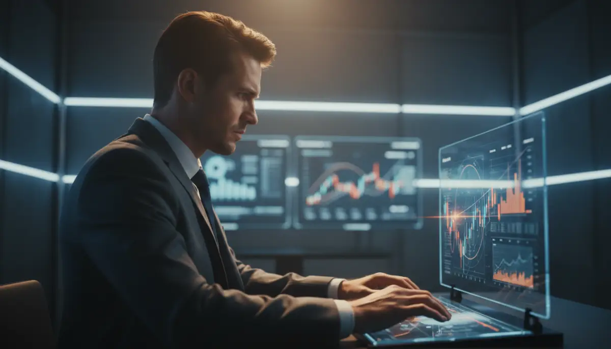 Profesional enfocado trabajando en su desarrollo personal con gráficos de mercado desenfocados al fondo