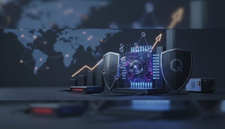 Grafico de inversion en ciberseguridad cuantica con redes de datos y candados digitales protegidos.