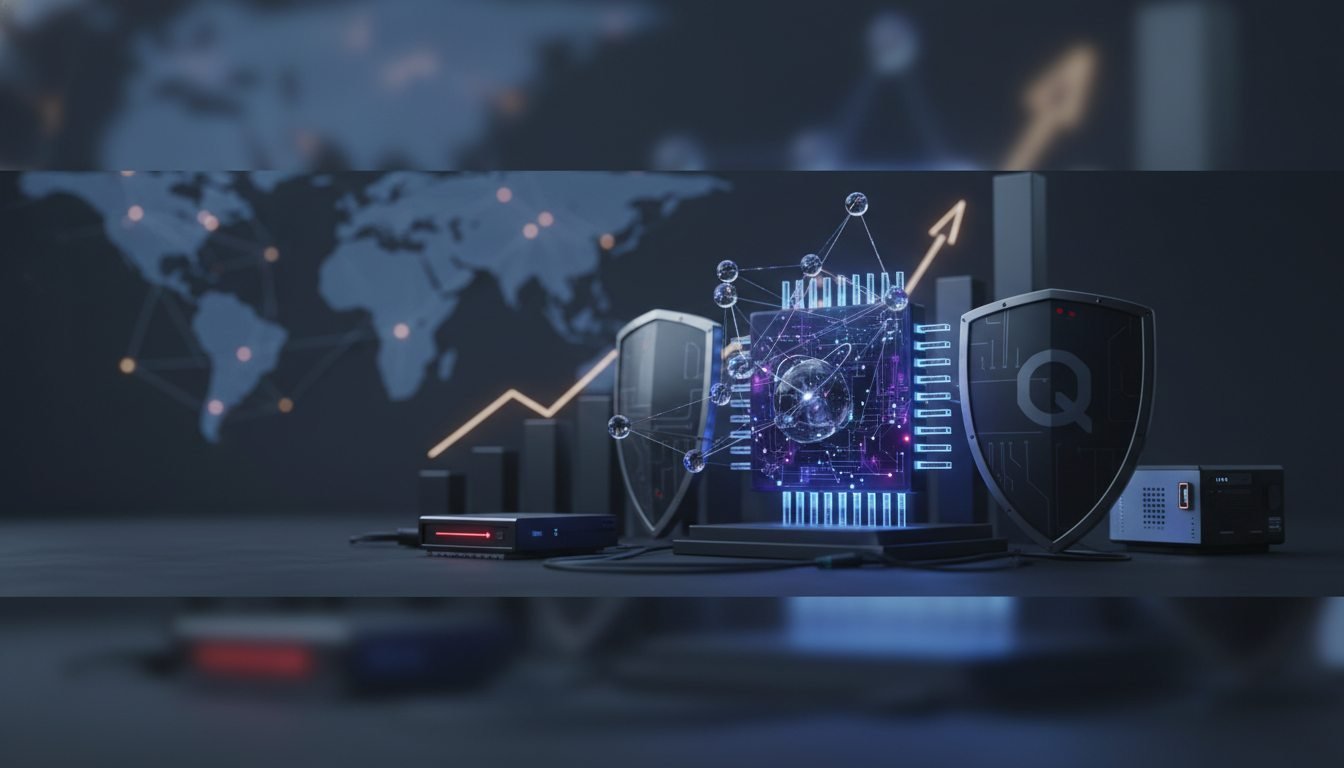 Grafico de inversion en ciberseguridad cuantica con redes de datos y candados digitales protegidos.