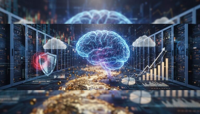Gráfico de crecimiento financiero que se eleva hacia una nube digital, representando la inversión en cloud computing.