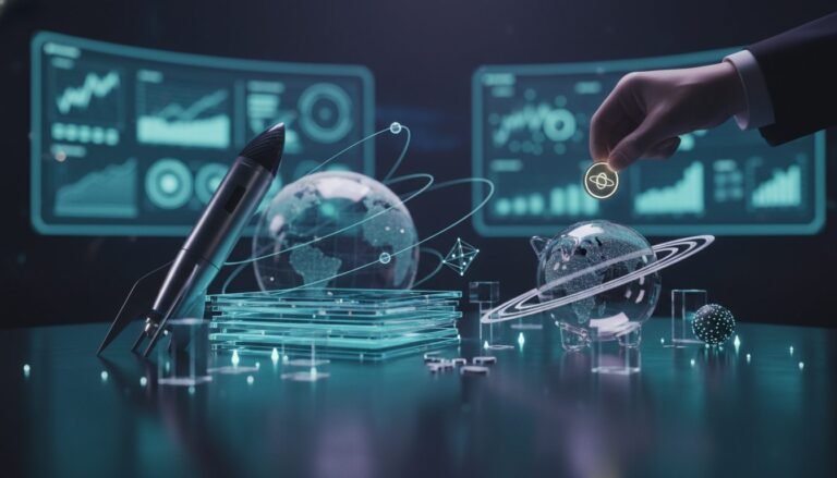 Cohete despegando junto a gráficas de crecimiento financiero, ilustrando la inversión en exploración espacial.